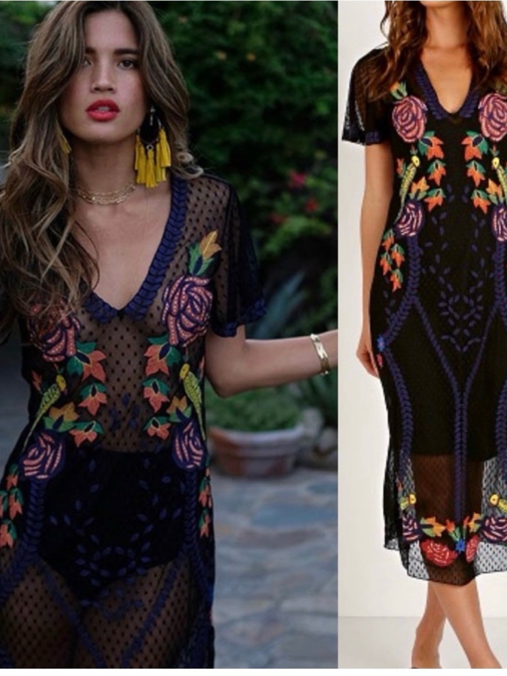 Rocky Barnes x Cleobella Size S Embroidered Black Mesh Wylde Midi Dress W/Slip